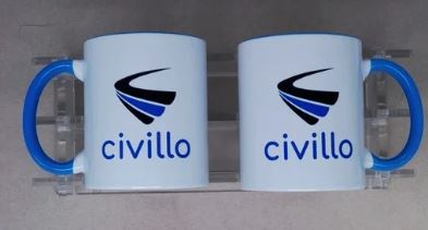 Two white mugs with blue handles and civillo logo, displayed side by side.
