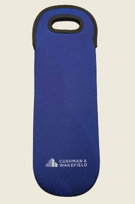 Branded neoprene wine cooler bag with Cushman & Wakefield logo.
