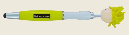 branded yellow novelty pen with logo.