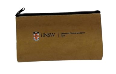 Brown zippered pouch with UNSW School of Clinical Medicine Rural logo.