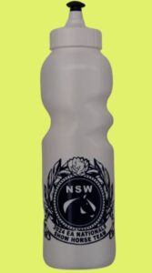 Gray water bottle with NSW 2022 EA National Show Horse Team logo on a yellow background.