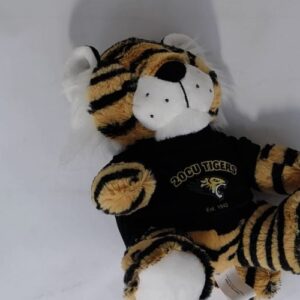 Stuffed tiger toy wearing a black shirt with 20CU TIGERS Est. 1962 printed on it.