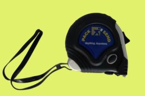 A black and blue tape measure with a wrist strap on a yellow background.