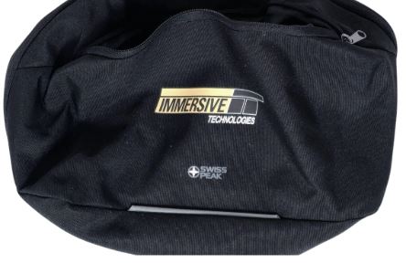 Black bag with Immersive Technologies and Swiss Peak logos.