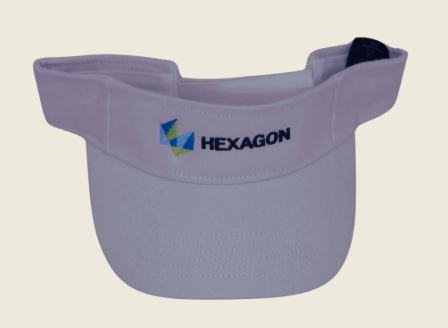 branded White visor with colorful logo on the front.