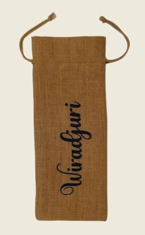 branded wine drawstring bag printed with black logo.