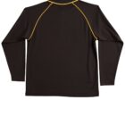 Black long-sleeve shirt with yellow piping on a white background.