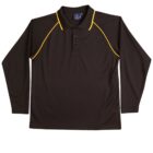 Dark long-sleeve polo shirt with yellow piping along the shoulders.