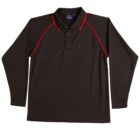 Black long-sleeve polo shirt with red piping on the shoulders.