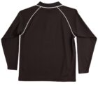 Black long-sleeve shirt with white piping, seen from the back.