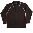 Black long-sleeve polo shirt with white piping accents.