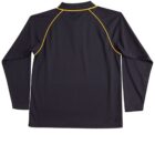 Black long-sleeve shirt with yellow piping on the back, isolated on white background.