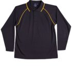 Black long-sleeve polo shirt with yellow piping on the shoulders.