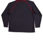Black long-sleeve shirt with red piping on the back and sleeves.