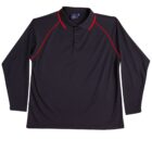 Black long-sleeve polo shirt with red piping details.