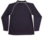 Black long-sleeve polo shirt with white piping, shown from the back.