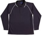 Black long-sleeve polo shirt with white piping on the shoulders and a buttoned collar.