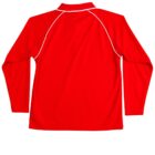 Red long-sleeve shirt with white piping, shown from the back.