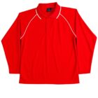 Long-sleeve red polo shirt with white piping on sleeves.
