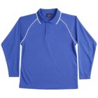 Blue long-sleeve polo shirt with white piping on sleeves and collar.