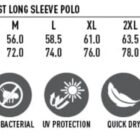 Size chart and features of PS43 mens long sleeve polo with CoolDry fabric icons.