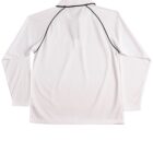 White long-sleeve shirt with black piping, viewed from the back.
