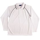 White long-sleeve polo shirt with black piping along the sleeves and collar.