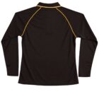Black long-sleeve shirt with yellow piping, viewed from the back.