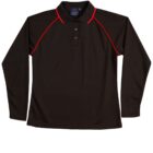Black long-sleeve polo shirt with red trim on shoulders and sleeves.