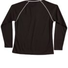 Black long-sleeve shirt with white piping on a white background.