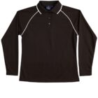 Black long-sleeve polo shirt with white piping on the shoulders.