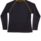 Black long-sleeve shirt with yellow seams viewed from the back.
