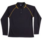 Black long-sleeve polo shirt with yellow piping on the shoulders.