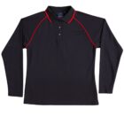 Black long-sleeve polo shirt with red piping and collar buttons on a white background.