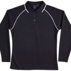 Black long-sleeve polo shirt with white piping and three buttons.