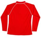 Red long-sleeve shirt with white piping on a white background.