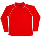 Red long-sleeve polo shirt with white piping accents.