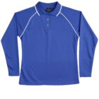 Blue long-sleeve collared shirt with white piping and three buttons.