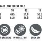 Size chart and icons for a CoolDry long sleeve polo with modern fit and fabric features.