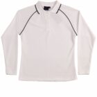 White long-sleeve polo shirt with black piping on sleeves and shoulders.