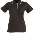 Black polo shirt with yellow trim on collar and sleeves.