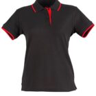 Black polo shirt with red trim on the collar and sleeves, displayed on a white background.