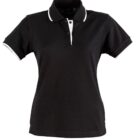 Black polo shirt with white collar and sleeve accents, front view.