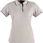 Gray polo shirt with black trim on the collar and sleeves, against a white background.