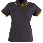 Black polo shirt with yellow trim on the collar and sleeves.