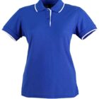 Blue polo shirt with white trim on collar and sleeves.