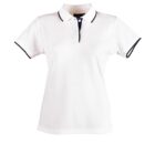 White polo shirt with black accents on the collar and sleeves.