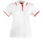 White polo shirt with red trim on collar and sleeves.