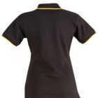 Black polo shirt with yellow trim, short sleeves, and a collar, viewed from the back.