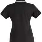 Back view of a black polo shirt with white trim on collar and sleeves.